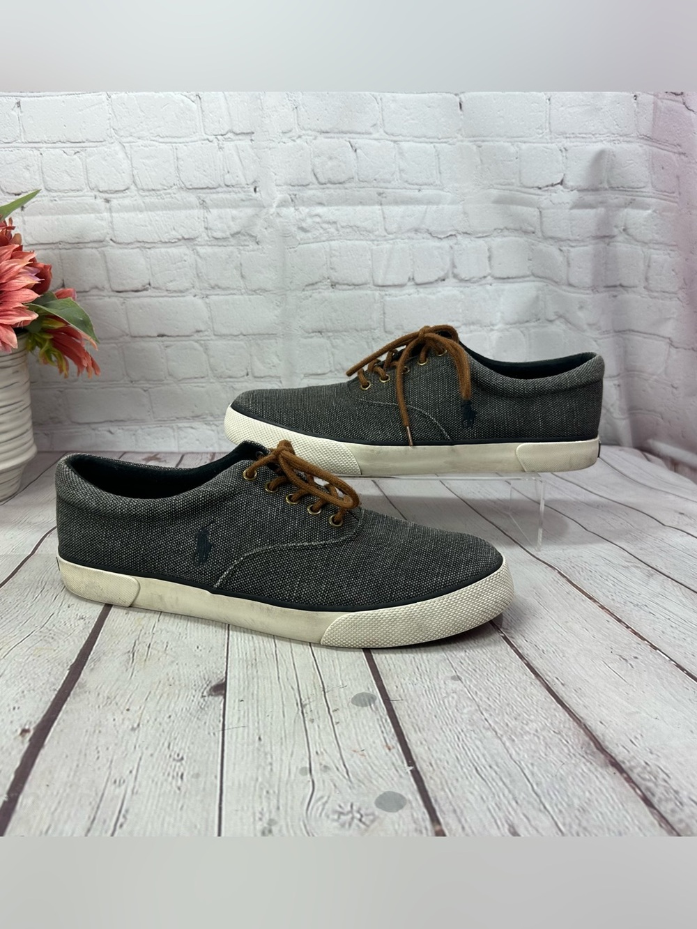 Polo by Ralph Lauren Men's Charcoal Canvas Low-Top Sneakers with Brown Laces